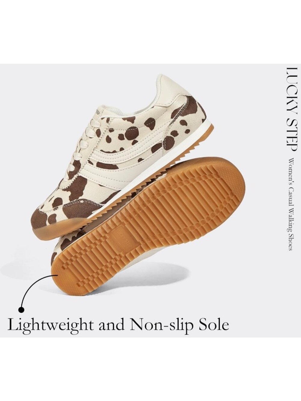 Women's Cow Print Lightweight Thin Sole Lace up Anti Slip Classic Retro Sneakers - Picture 4 of 6